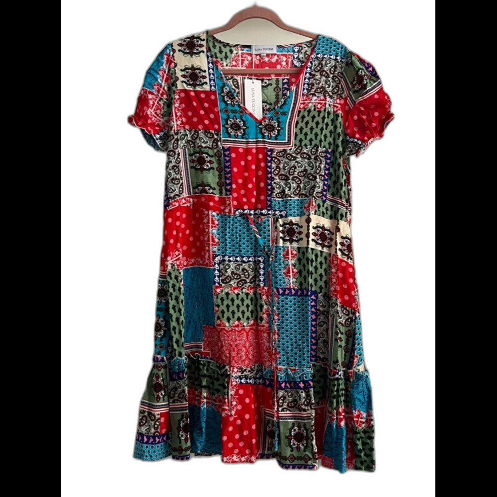 Patchwork Pattern Dress Red Green Blue Linda Tuccini NWT